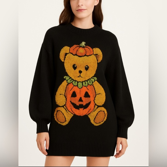NEW Dolls Kill Trickz N' Treatz Pumpkin Teddy Sweater Tunic Oversized S/M NWT - Picture 1 of 6